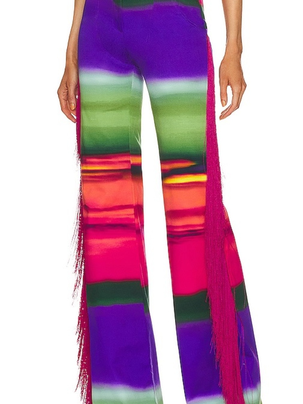 Colorblock Fringe Wide-Leg Pants in Purple, Green & Pink